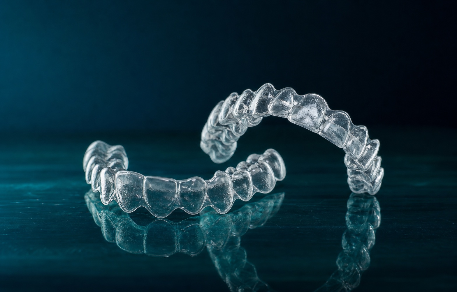 Adult patient placing a clear orthodontic aligner over his teeth